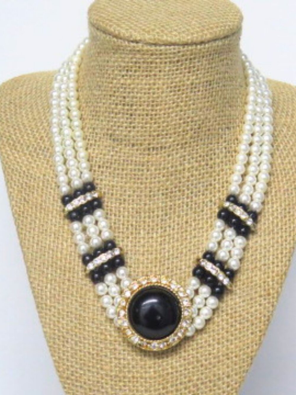Black Ivory Faux Pearl 3 Strand Necklace Gold Tone Rhinestone Statement